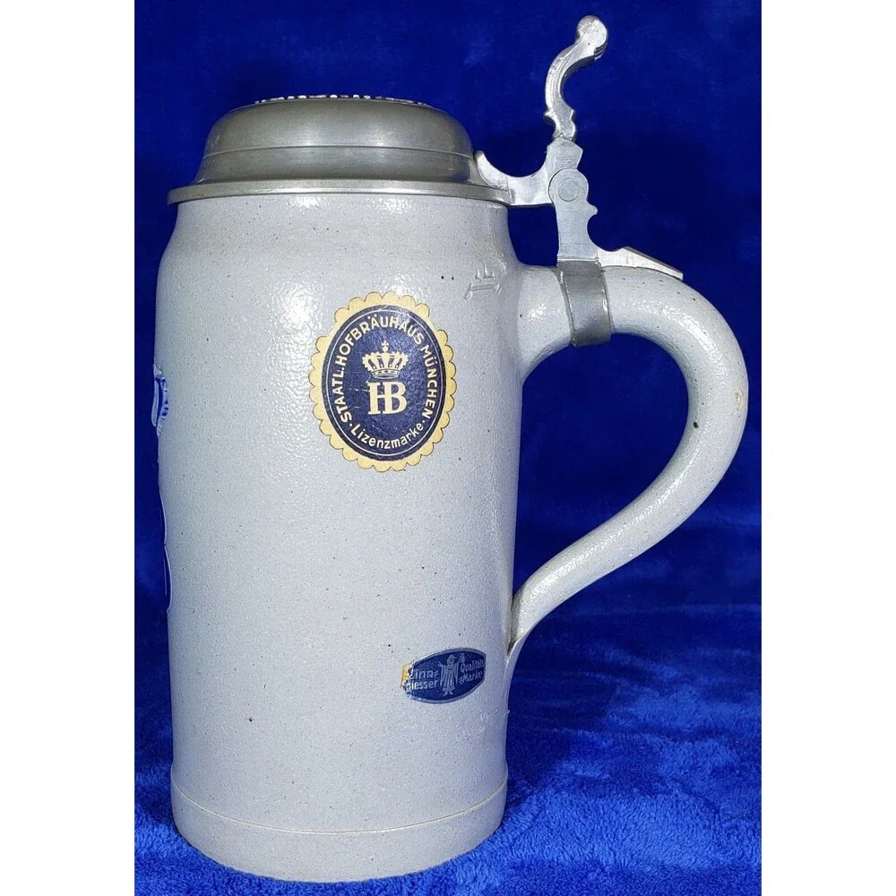 Collectible German HB 1Ltr Lidded Staatliche Hofbräuhaus Stein, W/Orig. Decals!!